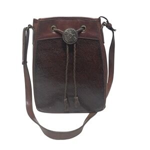 VTG Brahmin Leather Bucket Bag‎ Drawstring Closure USA Brown Woven Texture Boho